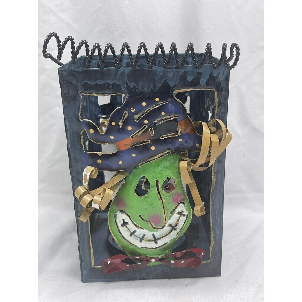 Halloween Witch  Metal Lantern Colorful Shelf Or Hanging Decor 10” Vintage RARE